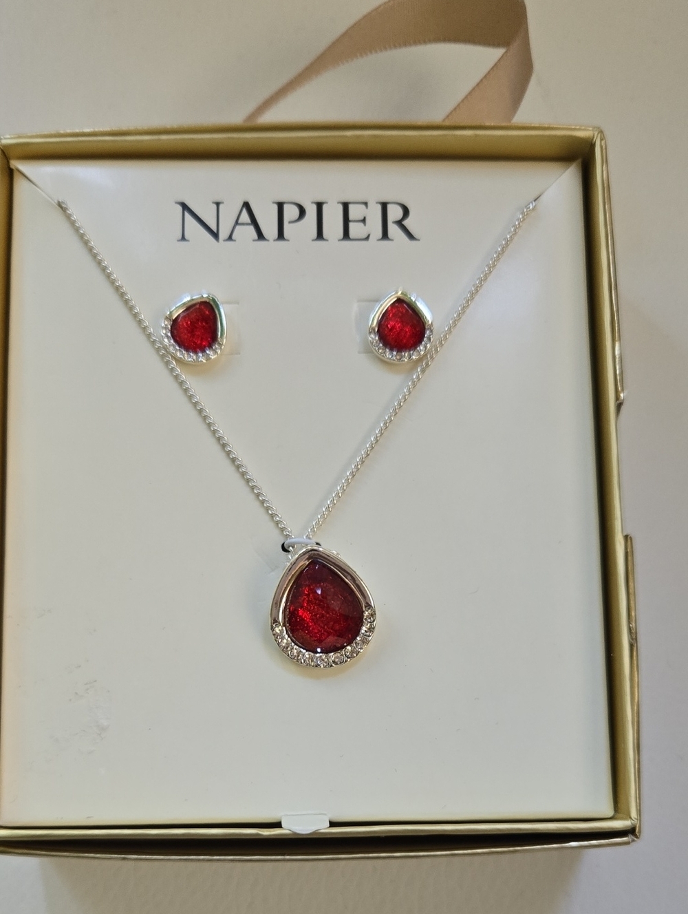 Napier Silver-Tone Red Teardrop Necklace and Stud Earrings Set